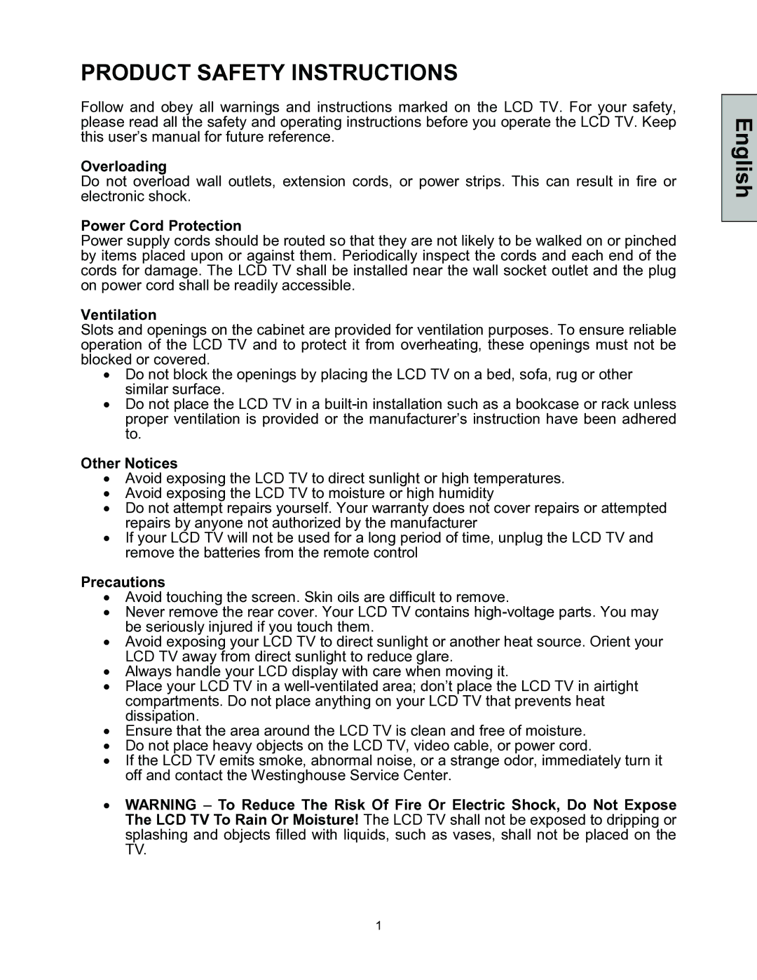 Westinghouse LTV-30w2 manual Overloading, Power Cord Protection, Ventilation, Other Notices, Precautions 