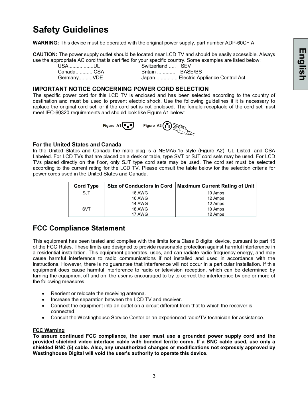 Westinghouse LTV-30w2 manual Safety Guidelines, FCC Compliance Statement 