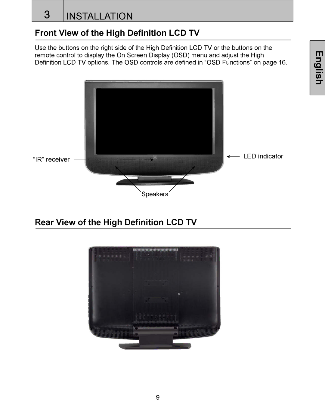 Westinghouse LTV-32w3 user manual Front View of the High Definition LCD TV, Rear View of the High Definition LCD TV 