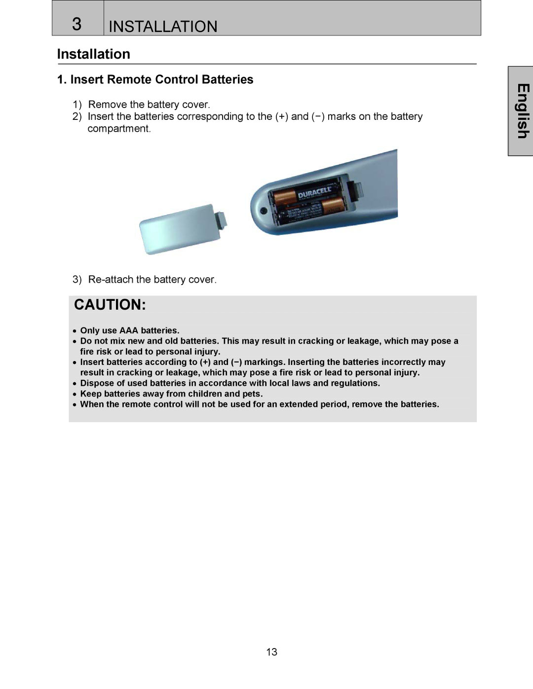 Westinghouse LTV-32w3 user manual Installation, Insert Remote Control Batteries 