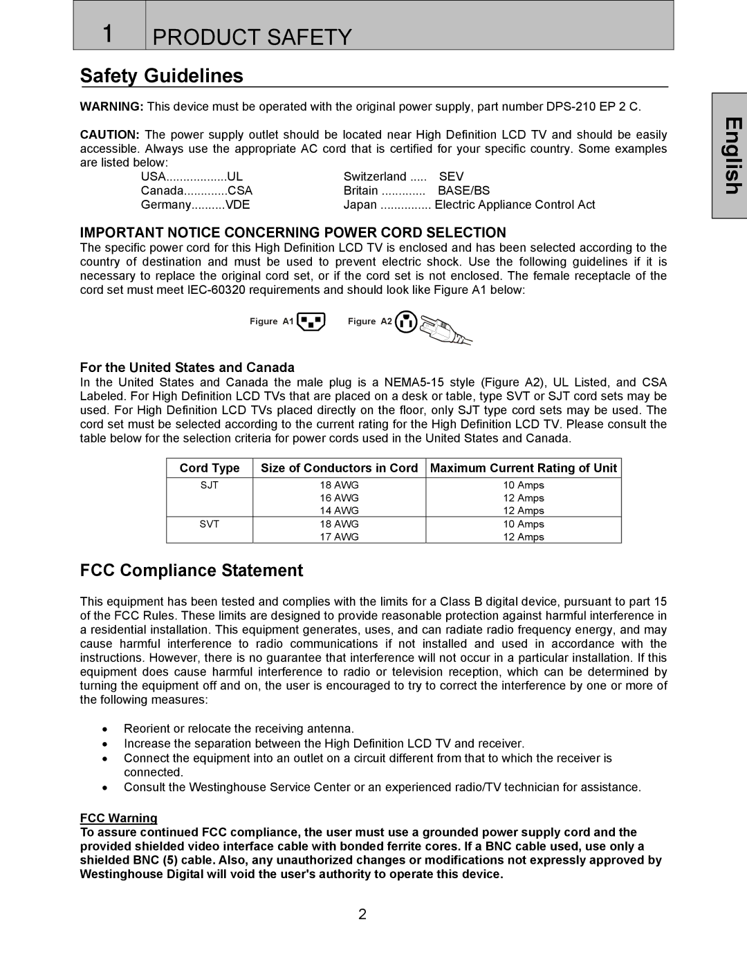 Westinghouse LTV-32w3 user manual Safety Guidelines, FCC Compliance Statement 