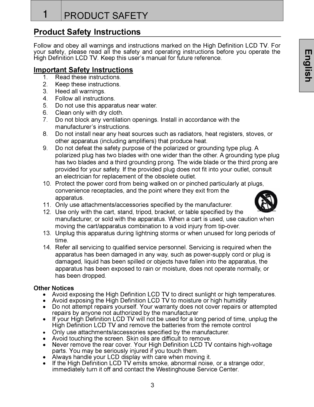 Westinghouse LTV-32w3 user manual Product Safety Instructions, Important Safety Instructions, Other Notices 