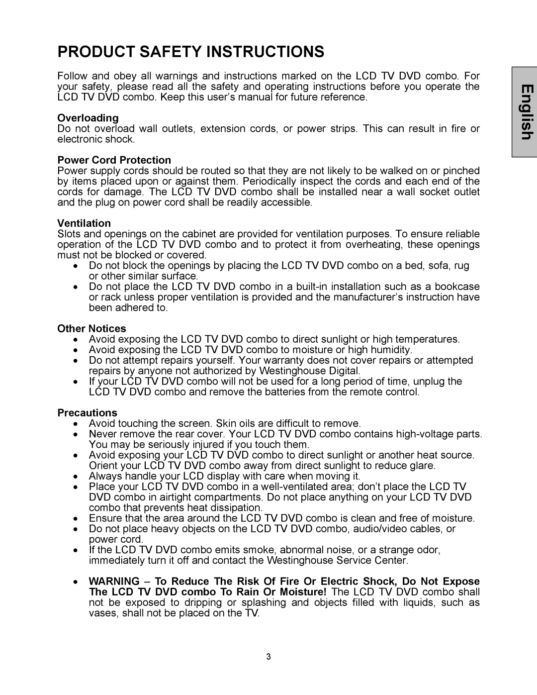 Westinghouse LTV-40w1, LTV-32w4 user manual Overloading, Power Cord Protection, Ventilation, Other Notices, Precautions 