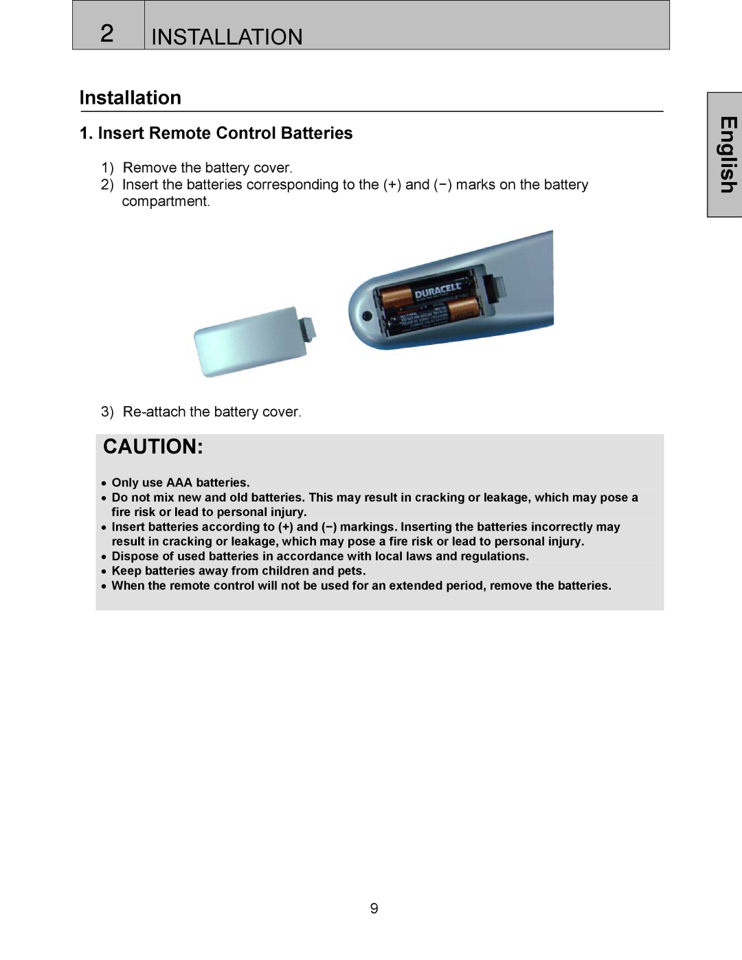 Westinghouse LVM-37w3 user manual Installation, Insert Remote Control Batteries 