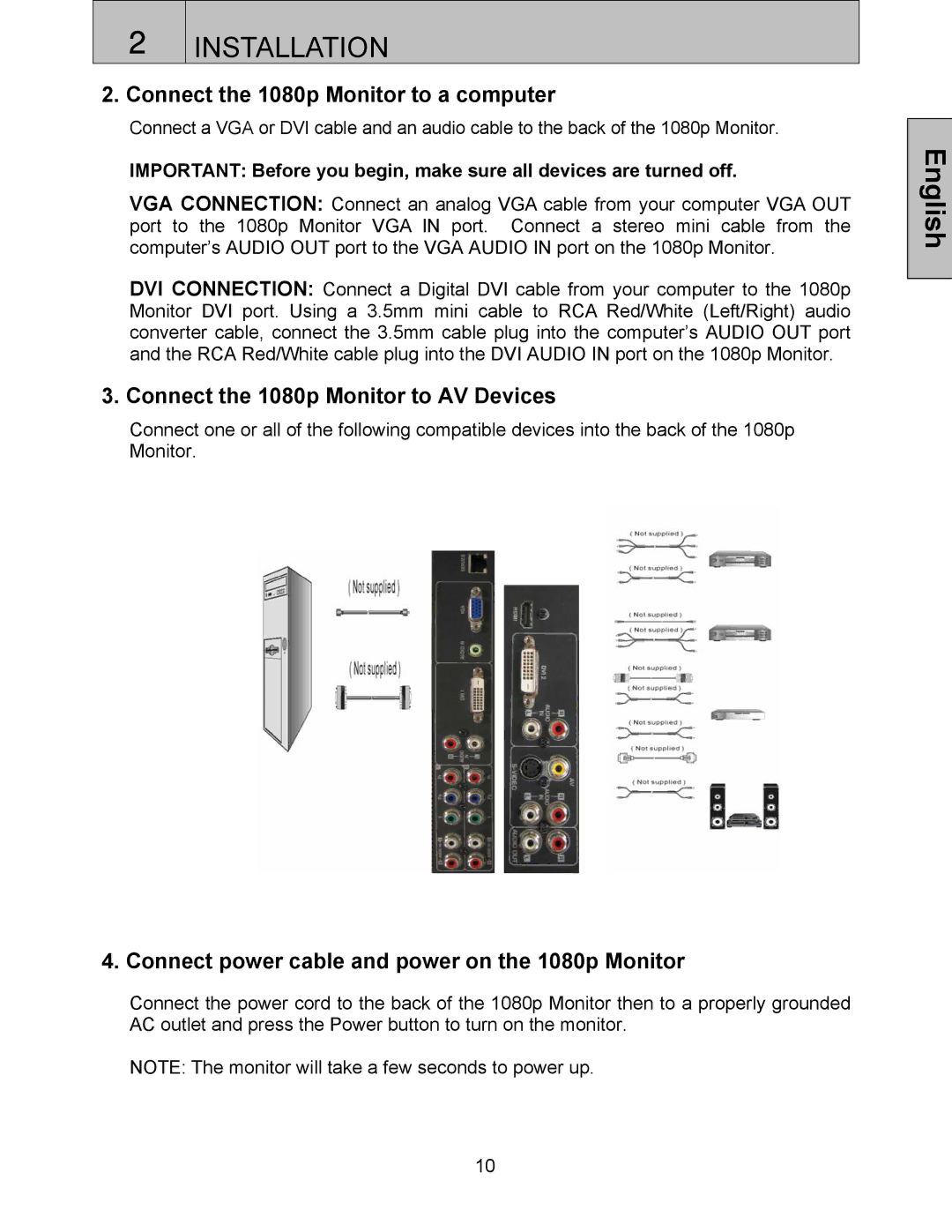 Westinghouse LVM-37w3 user manual Connect the 1080p Monitor to a computer, Connect the 1080p Monitor to AV Devices 