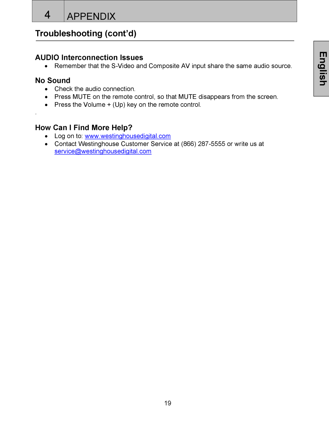 Westinghouse LVM-37w3 user manual Troubleshooting cont’d, Audio Interconnection Issues, No Sound, How Can I Find More Help? 