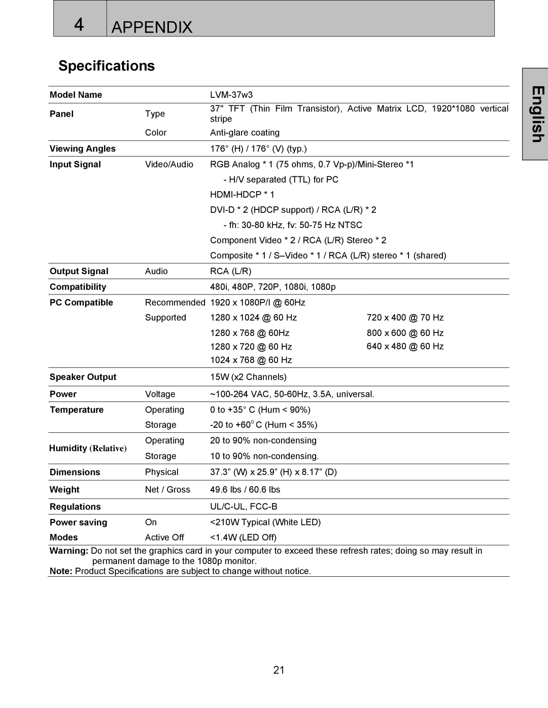 Westinghouse LVM-37w3 user manual Specifications, PC Compatible 