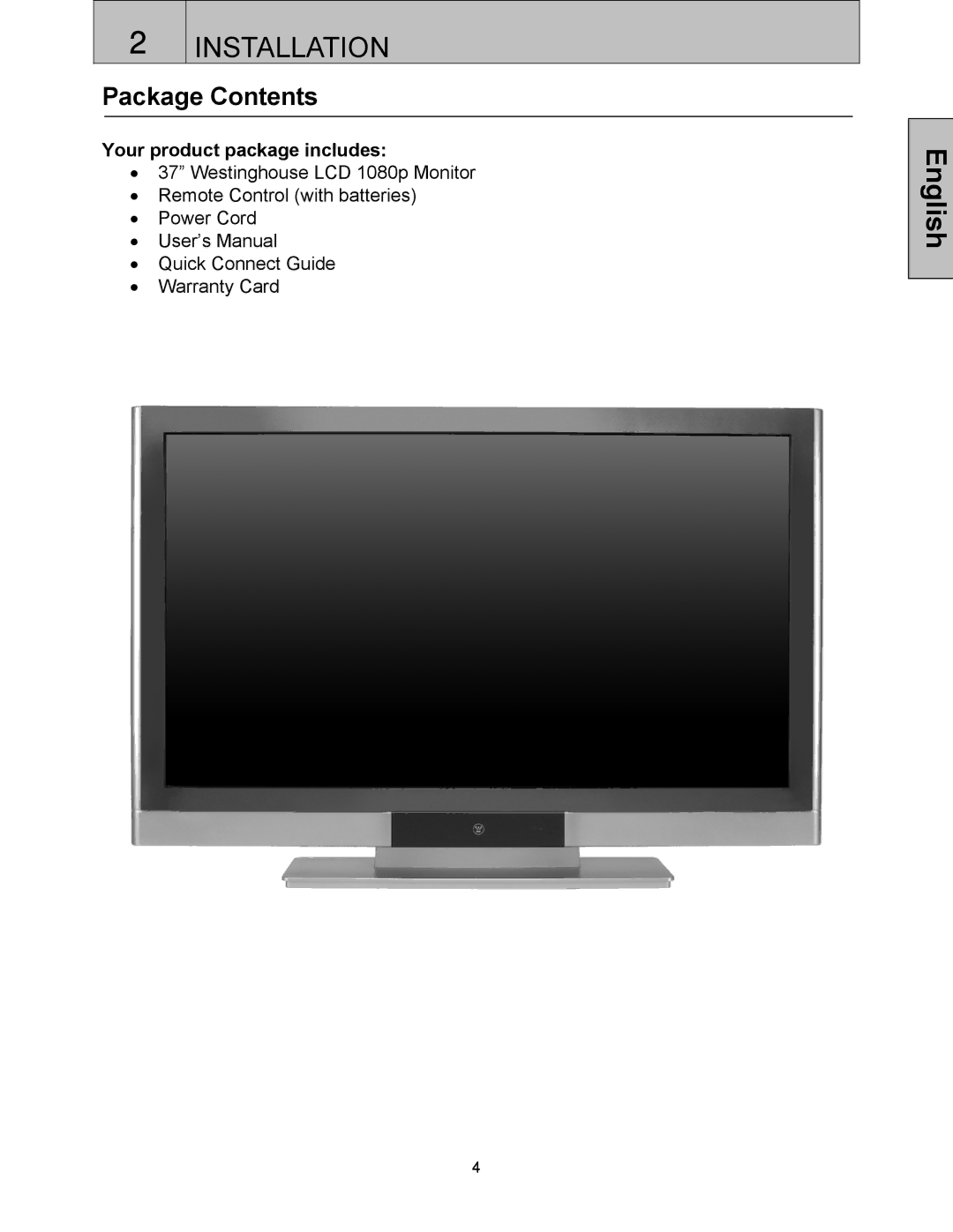 Westinghouse LVM-37w3 user manual Installation, Package Contents 