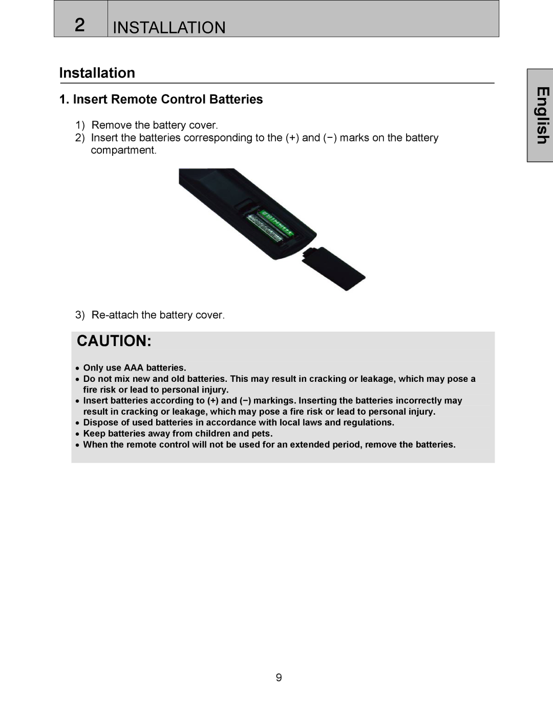 Westinghouse LVM-37w3se user manual Installation, Insert Remote Control Batteries 