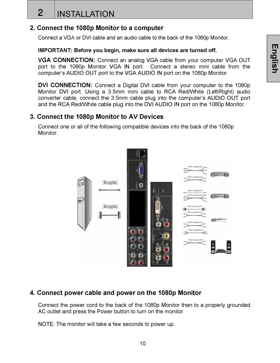 Westinghouse LVM-37w3se user manual Connect the 1080p Monitor to a computer, Connect the 1080p Monitor to AV Devices 