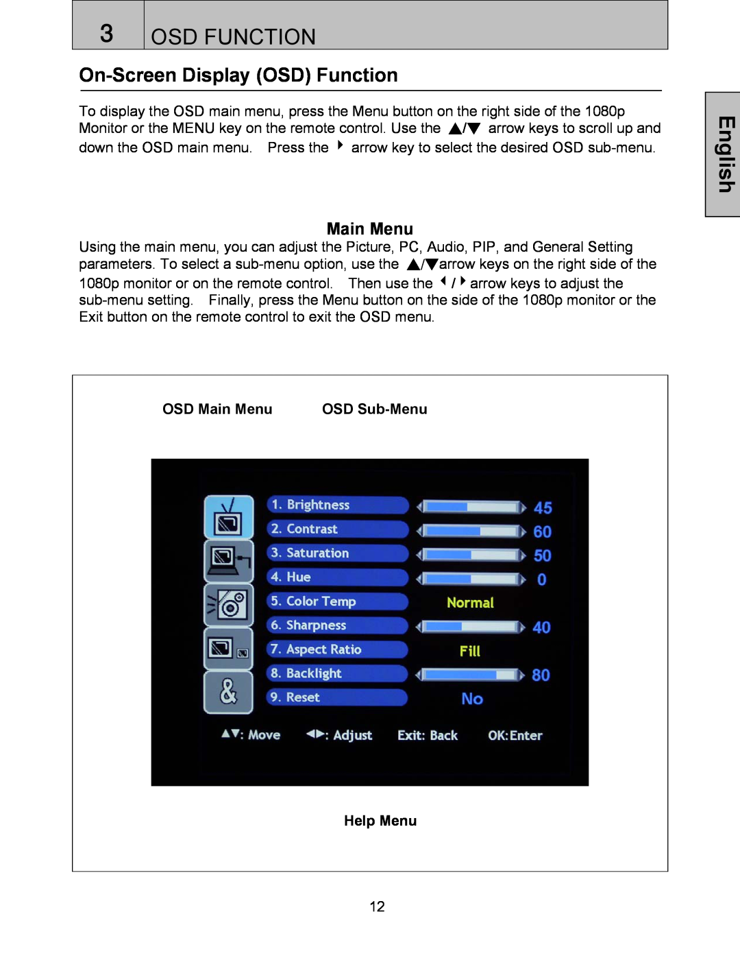 Westinghouse LVM-37w3se user manual Osd Function, On-Screen Display OSD Function, Main Menu, English 