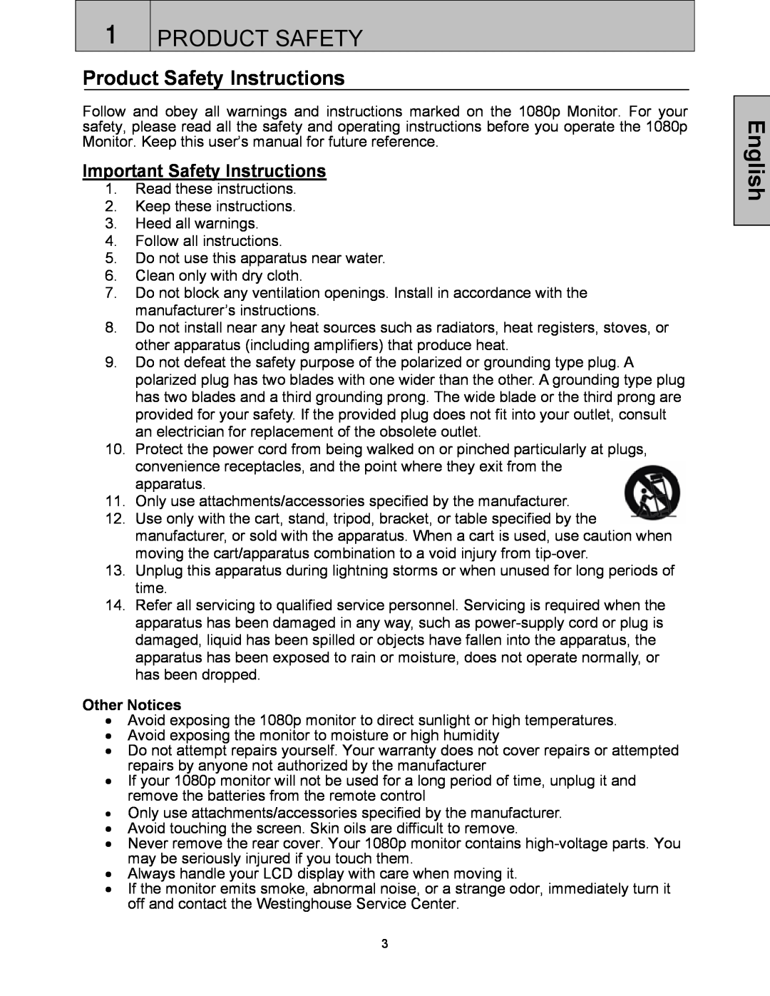 Westinghouse LVM-37w3se user manual Product Safety Instructions, Important Safety Instructions, English 