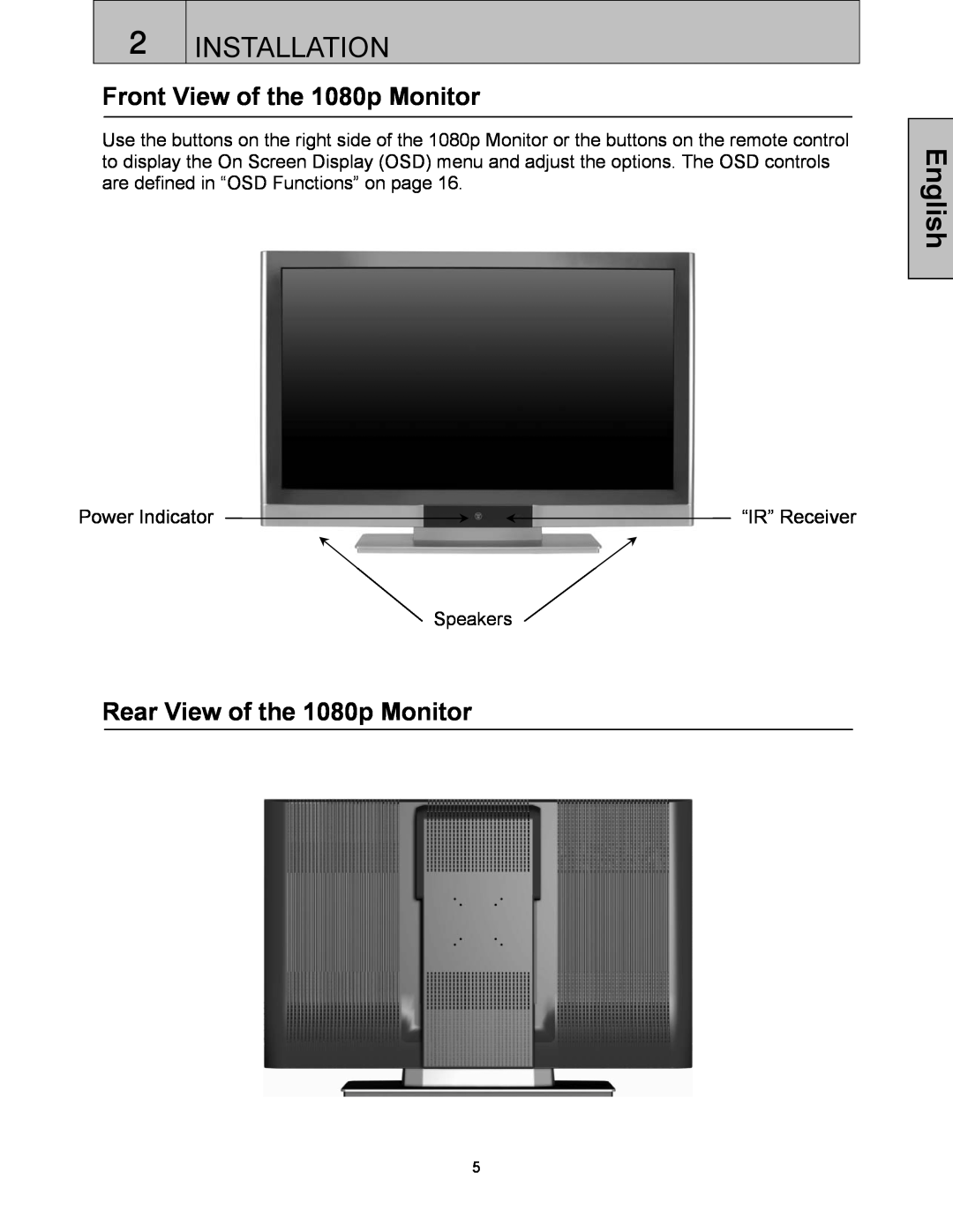 Westinghouse LVM-37w3se user manual Front View of the 1080p Monitor, Rear View of the 1080p Monitor, Installation, English 