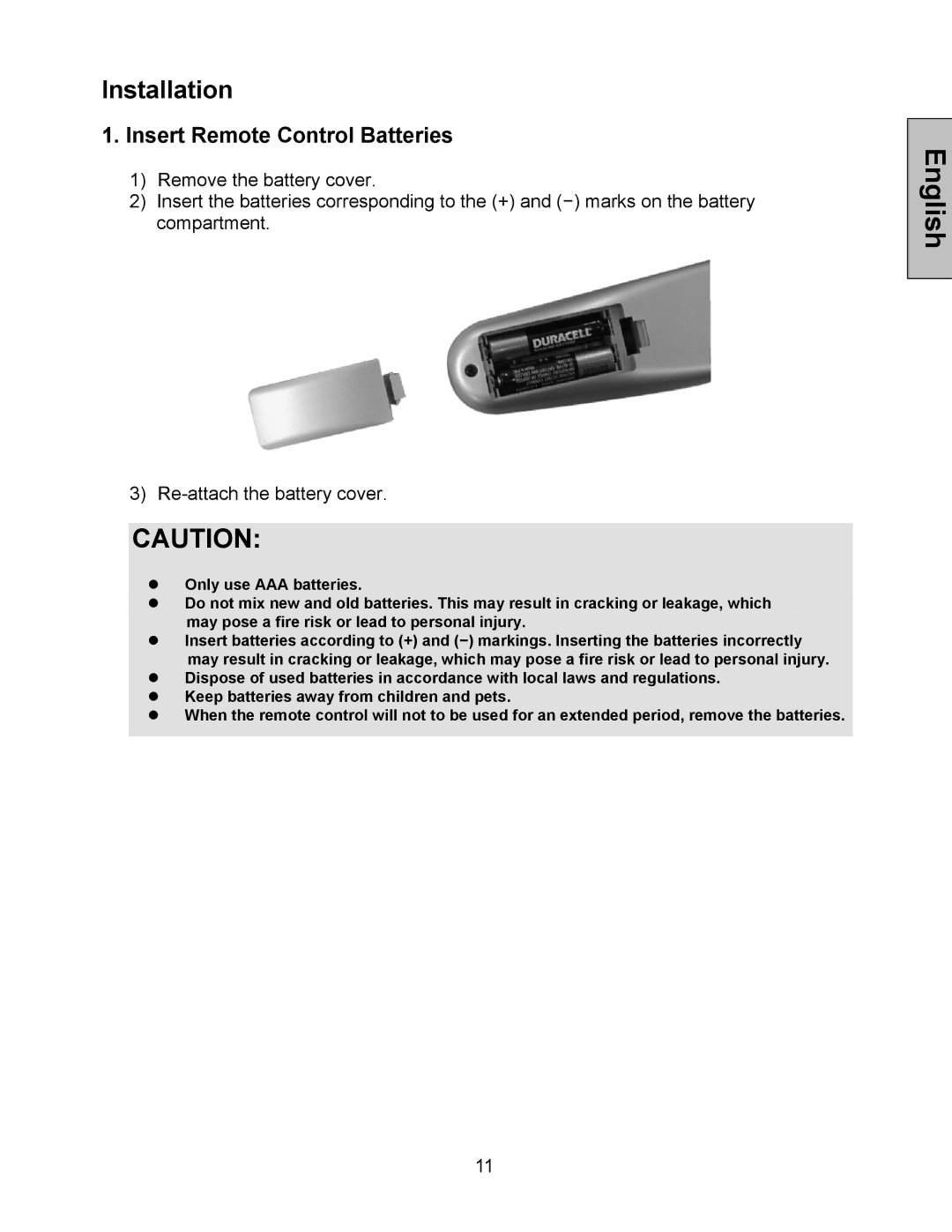 Westinghouse LVM-42w2, LVM-47w1 user manual Installation, Insert Remote Control Batteries 