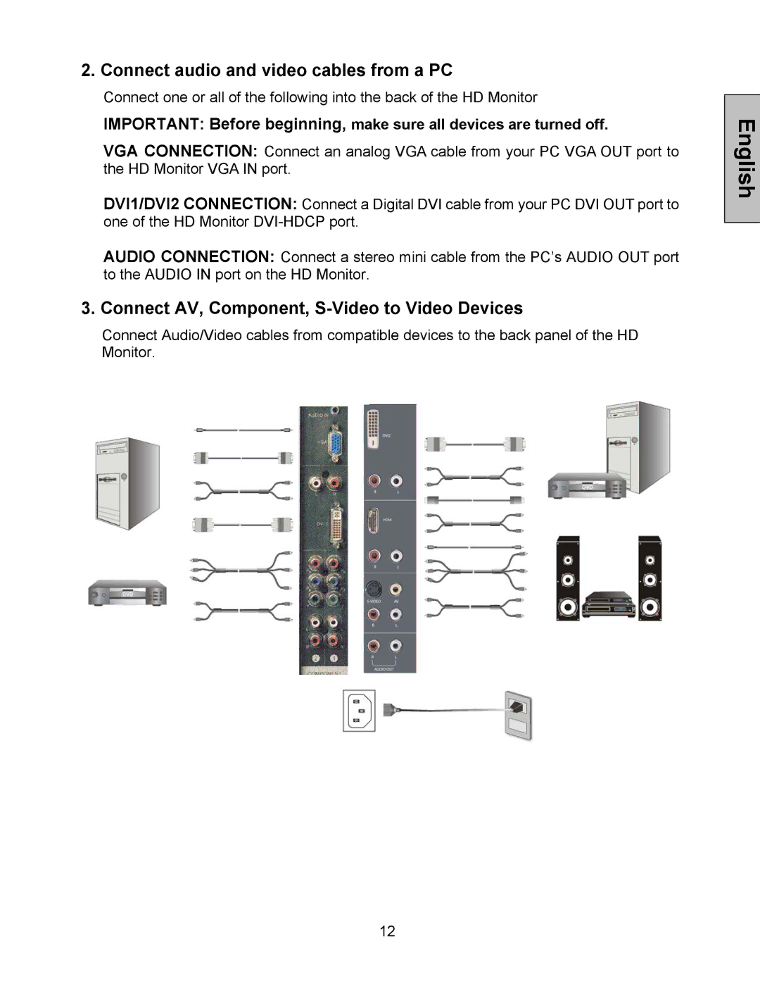 Westinghouse LVM-47w1, LVM-42w2 Connect audio and video cables from a PC, Connect AV, Component, S-Video to Video Devices 