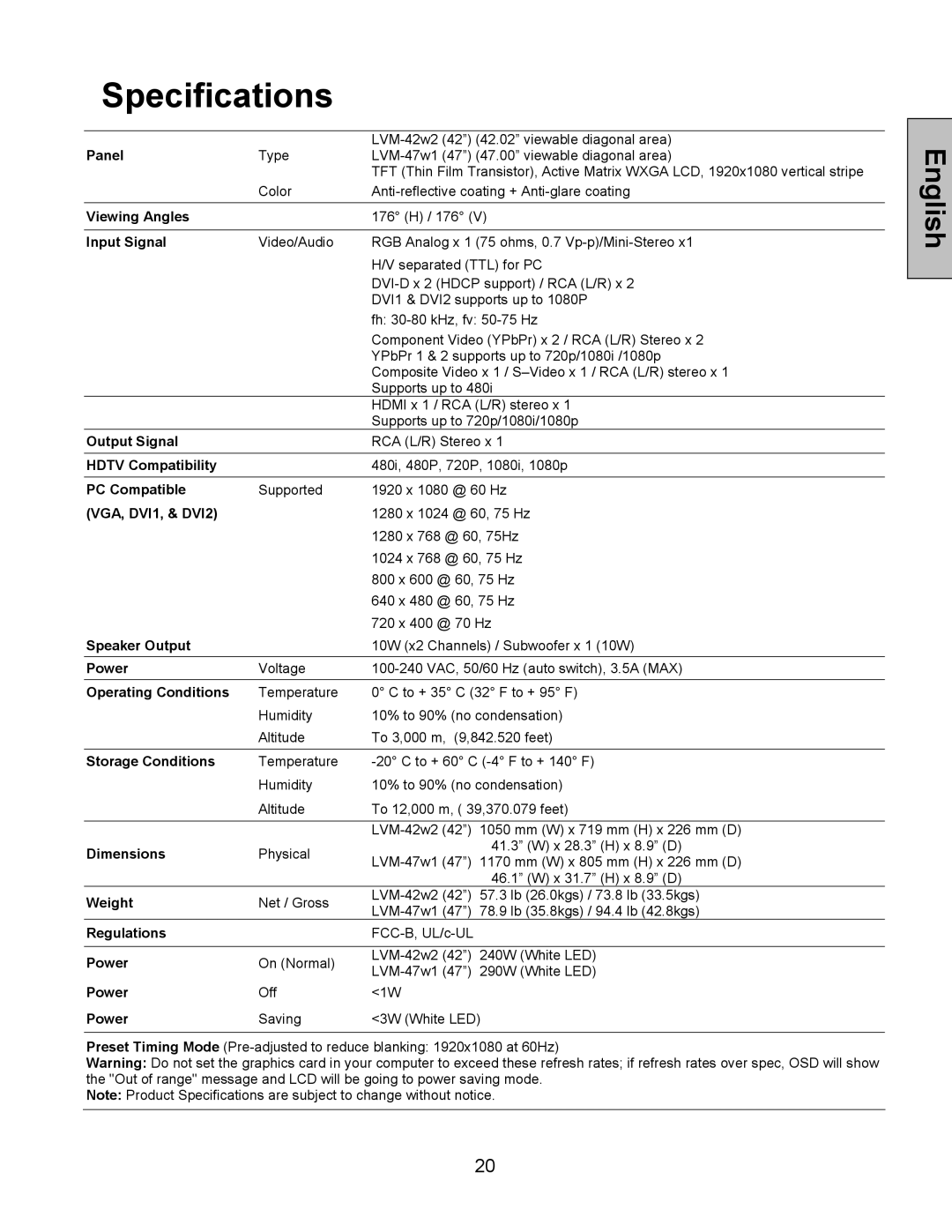 Westinghouse LVM-47w1, LVM-42w2 user manual Specifications 