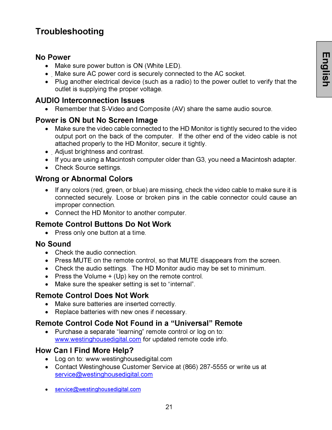 Westinghouse LVM-42w2, LVM-47w1 user manual Troubleshooting 