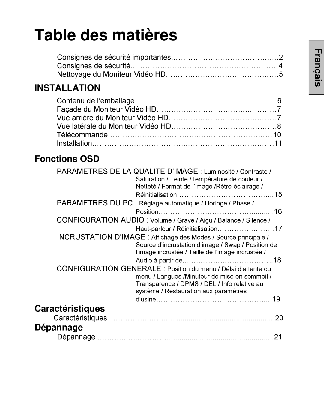 Westinghouse LVM-47w1, LVM-42w2 user manual Table des matières, Français 