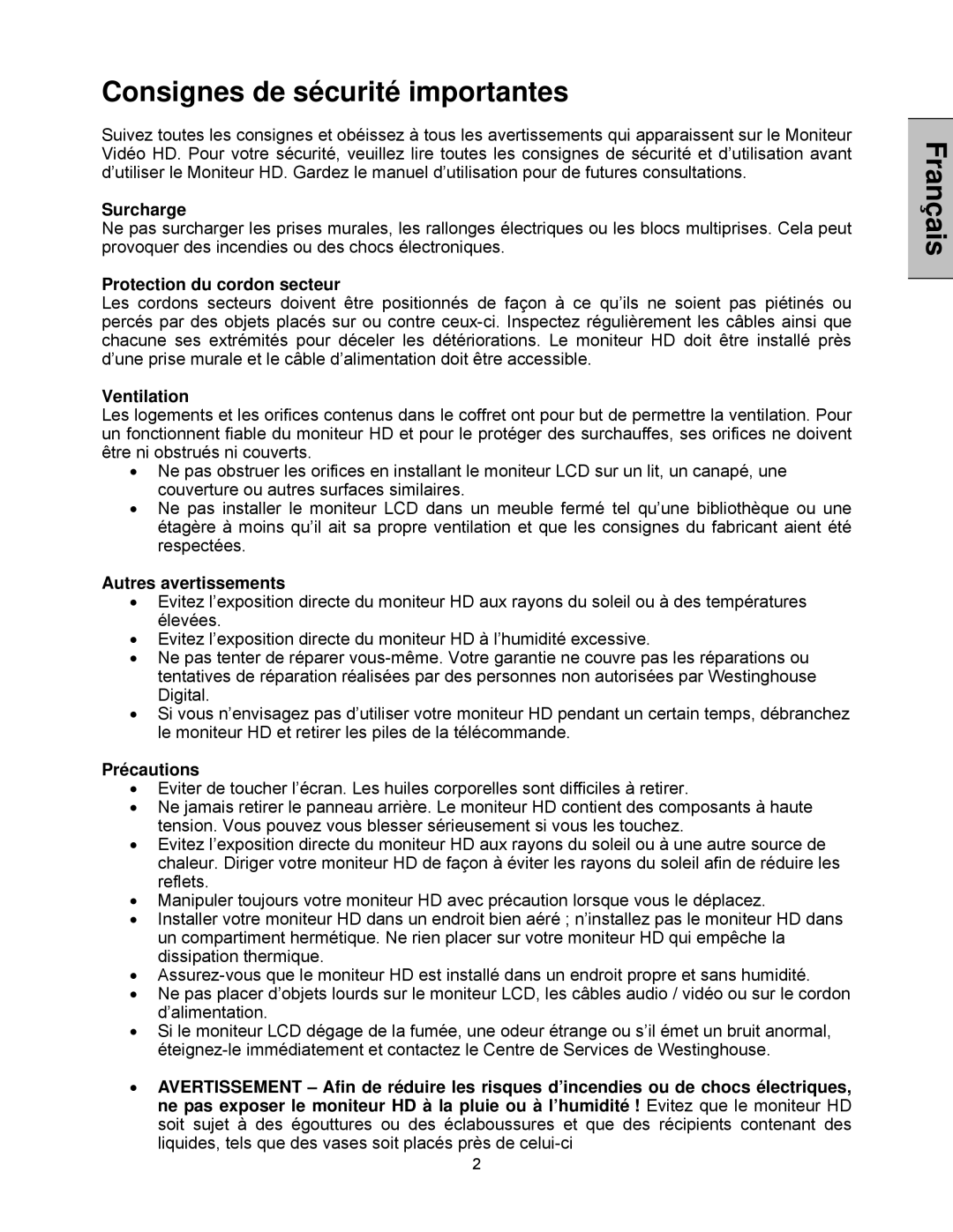 Westinghouse LVM-47w1, LVM-42w2 user manual Consignes de sécurité importantes, Surcharge 