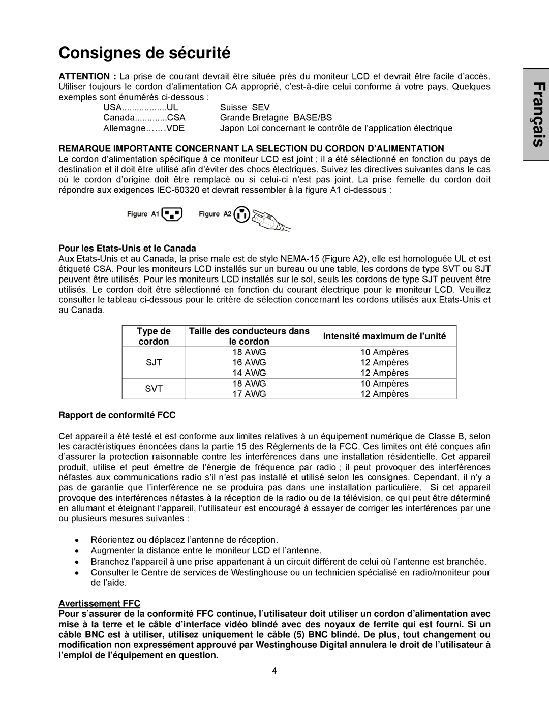 Westinghouse LVM-47w1, LVM-42w2 user manual Consignes de sécurité, Pour les Etats-Unis et le Canada 