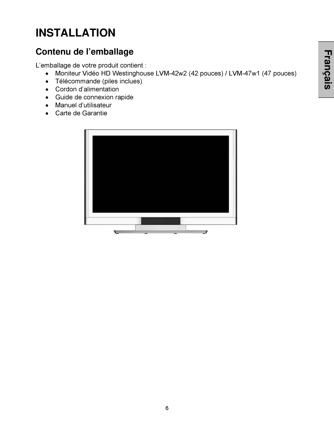 Westinghouse LVM-47w1, LVM-42w2 user manual Contenu de l’emballage 