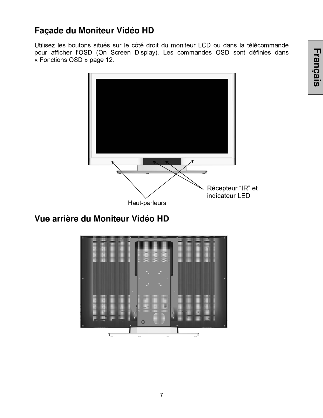 Westinghouse LVM-42w2, LVM-47w1 user manual Façade du Moniteur Vidéo HD, Vue arrière du Moniteur Vidéo HD 