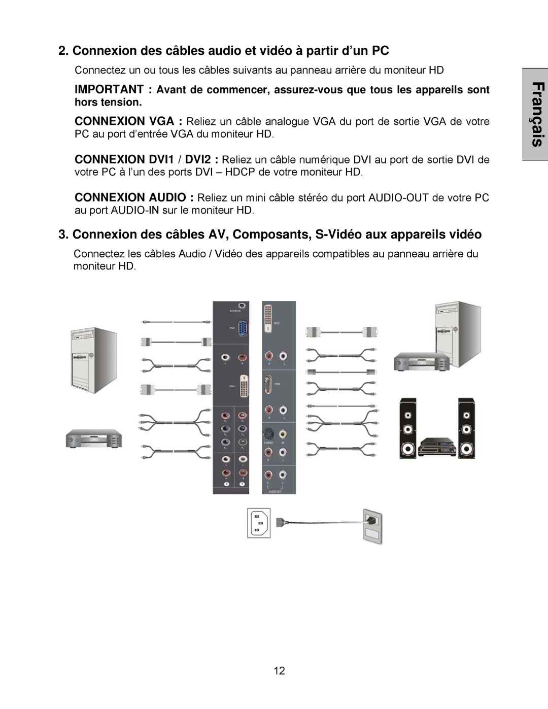 Westinghouse LVM-47w1, LVM-42w2 user manual Connexion des câbles audio et vidéo à partir d’un PC 