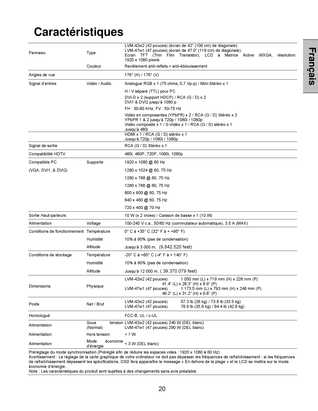 Westinghouse LVM-47w1, LVM-42w2 user manual Caractéristiques 