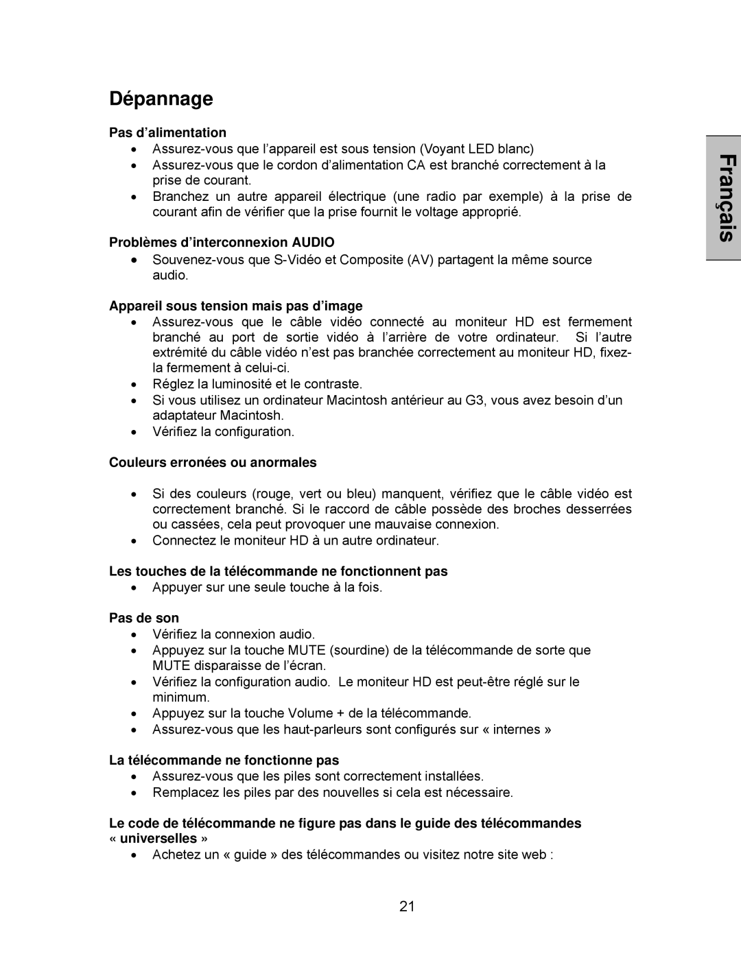 Westinghouse LVM-42w2, LVM-47w1 user manual Dépannage, Pas d’alimentation 