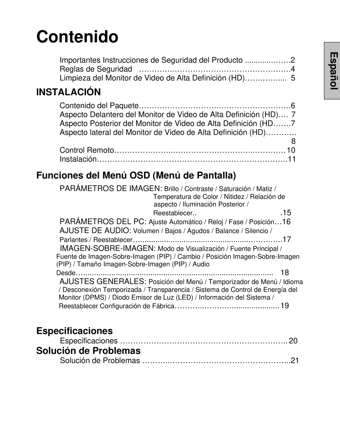 Westinghouse LVM-42w2, LVM-47w1 user manual Contenido, Español 