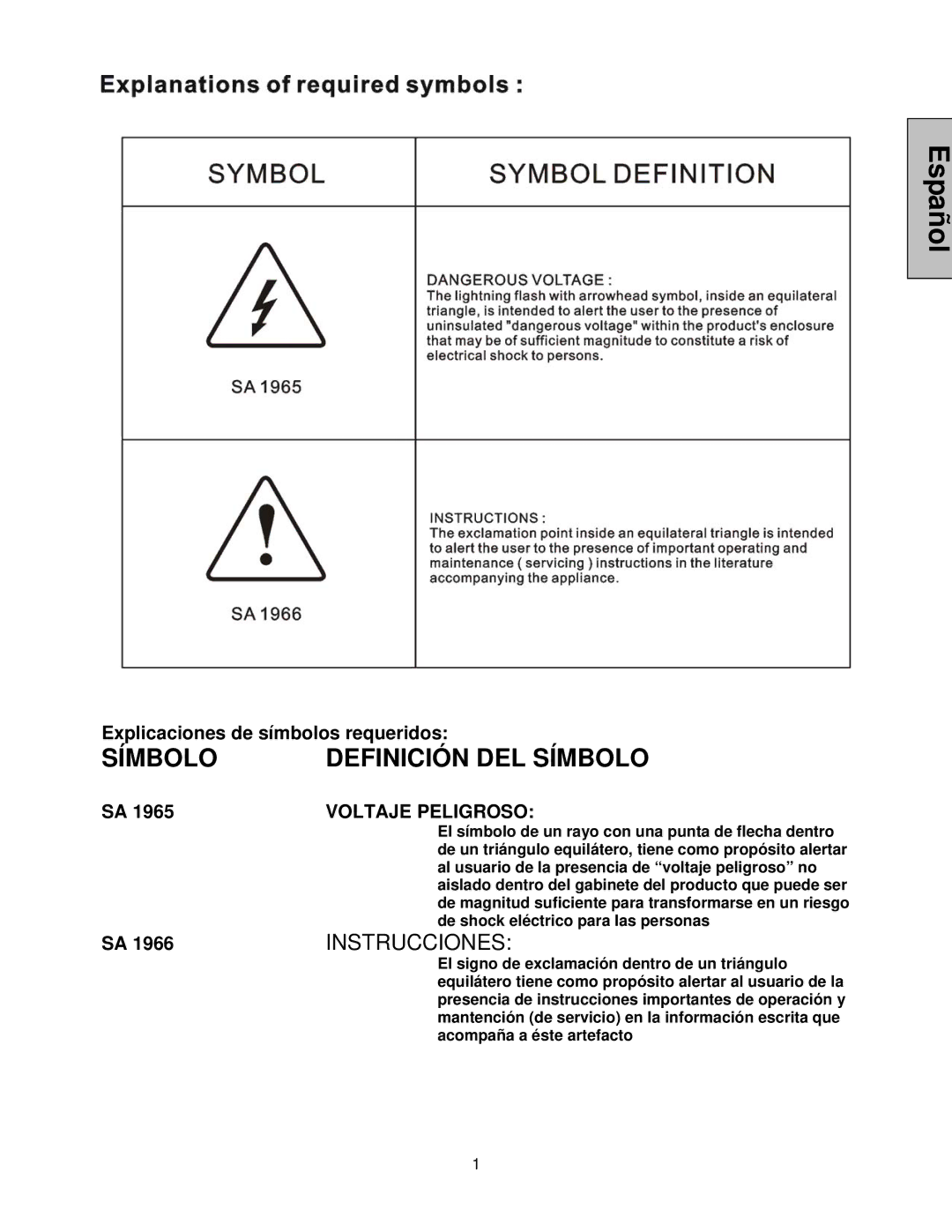 Westinghouse LVM-47w1, LVM-42w2 user manual Símbolo Definición DEL Símbolo 