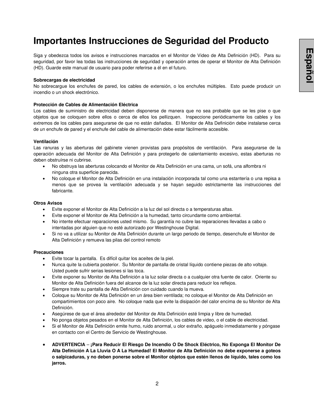 Westinghouse LVM-42w2, LVM-47w1 user manual Importantes Instrucciones de Seguridad del Producto, Sobrecargas de electricidad 