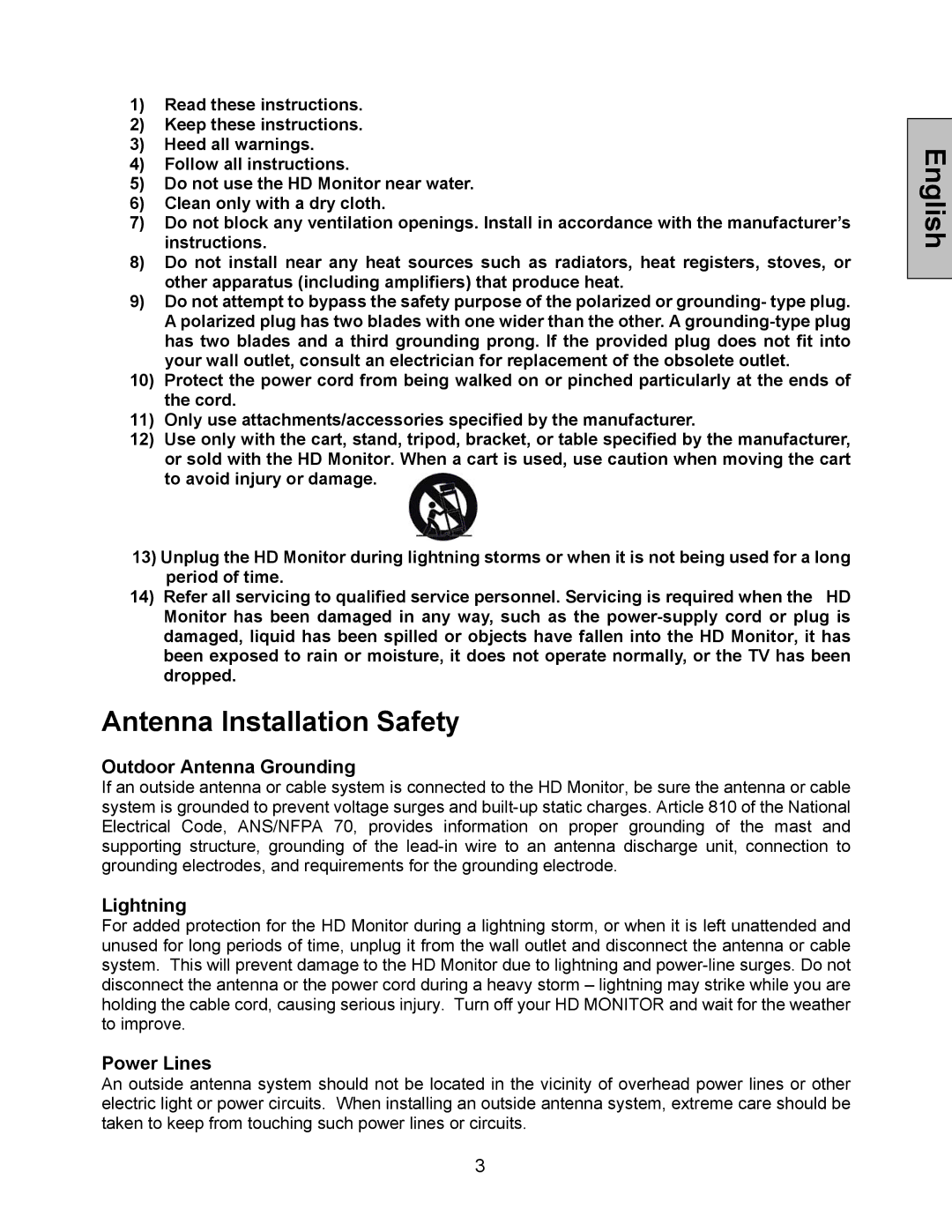 Westinghouse LVM-42w2, LVM-47w1 user manual Antenna Installation Safety, Outdoor Antenna Grounding 