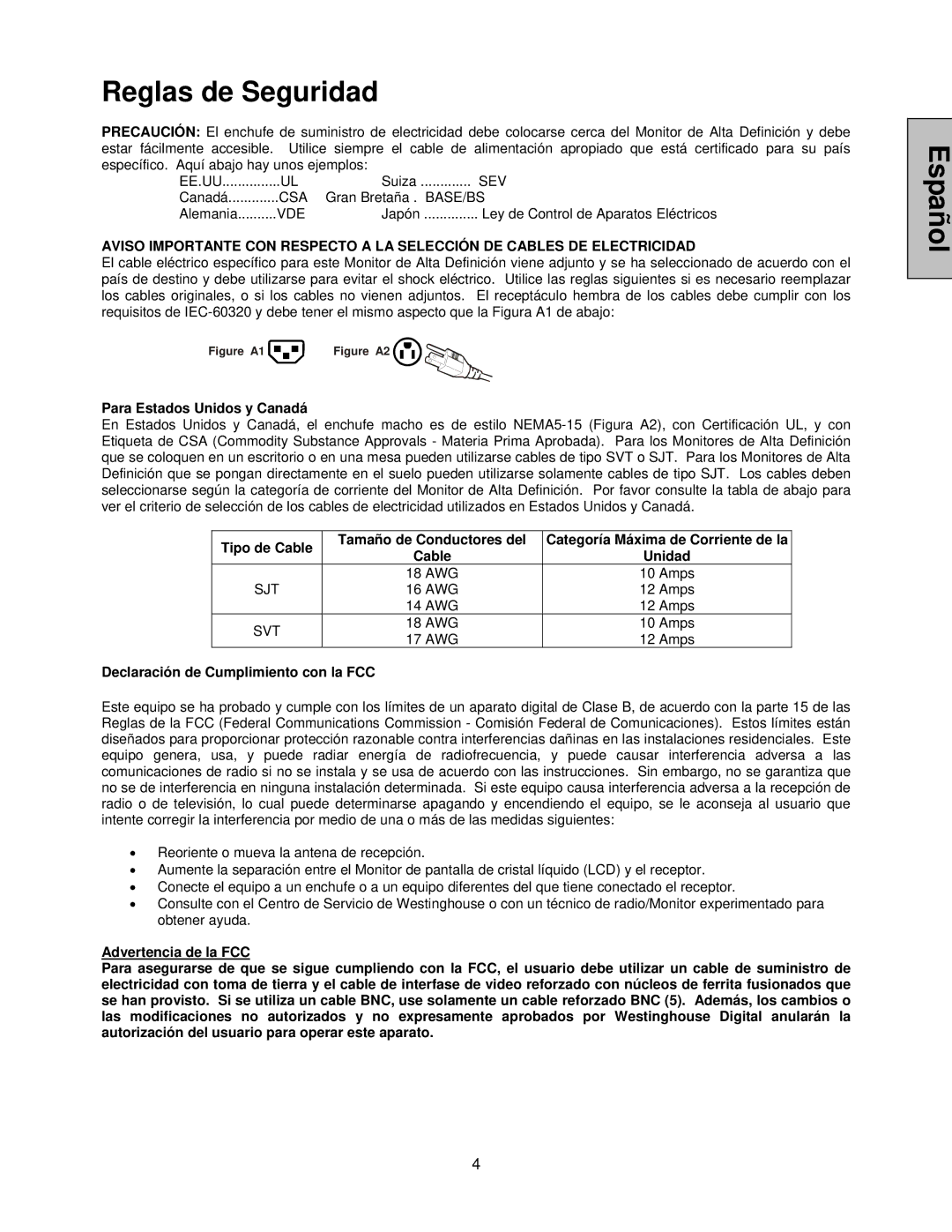 Westinghouse LVM-42w2, LVM-47w1 user manual Reglas de Seguridad, Para Estados Unidos y Canadá 