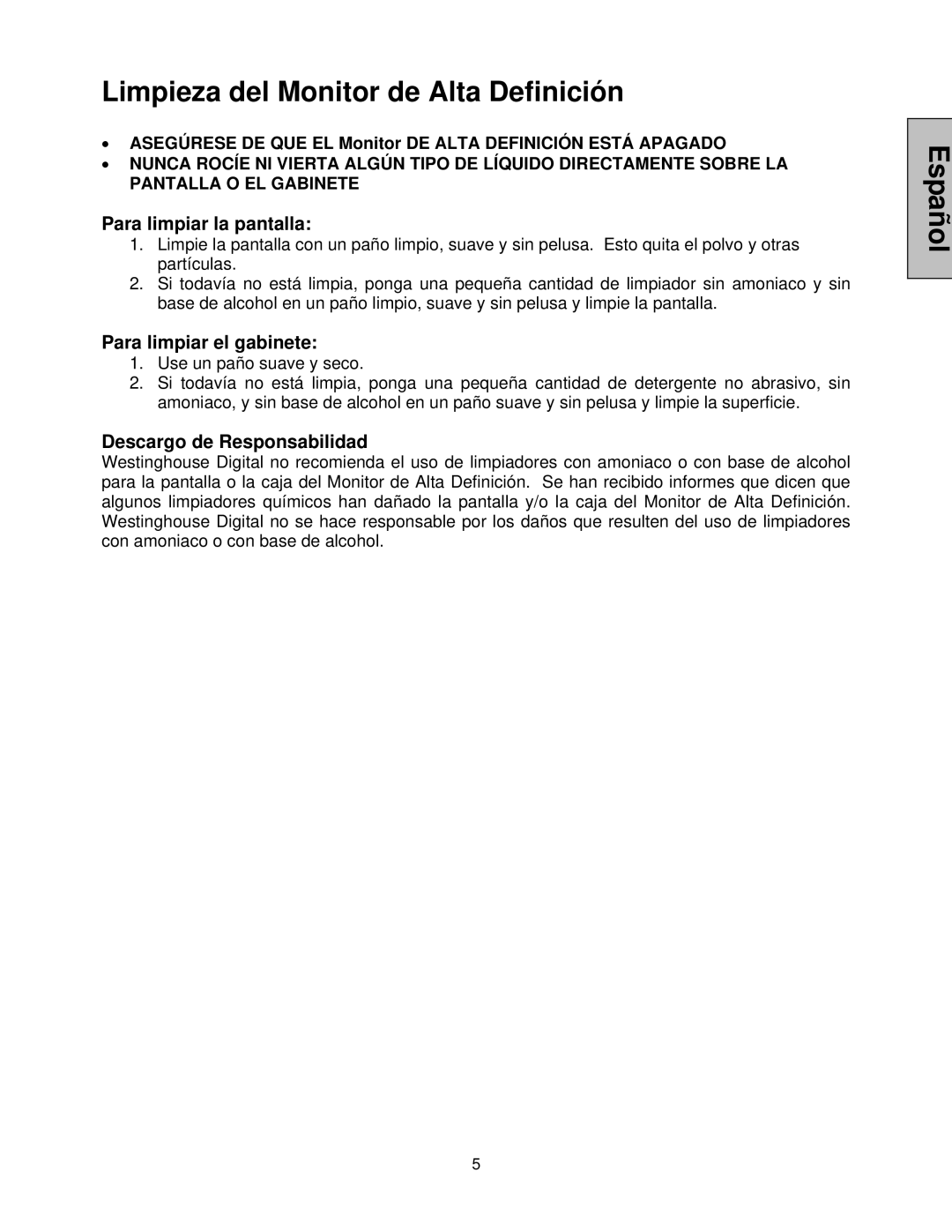 Westinghouse LVM-47w1, LVM-42w2 user manual Limpieza del Monitor de Alta Definición, Para limpiar la pantalla 