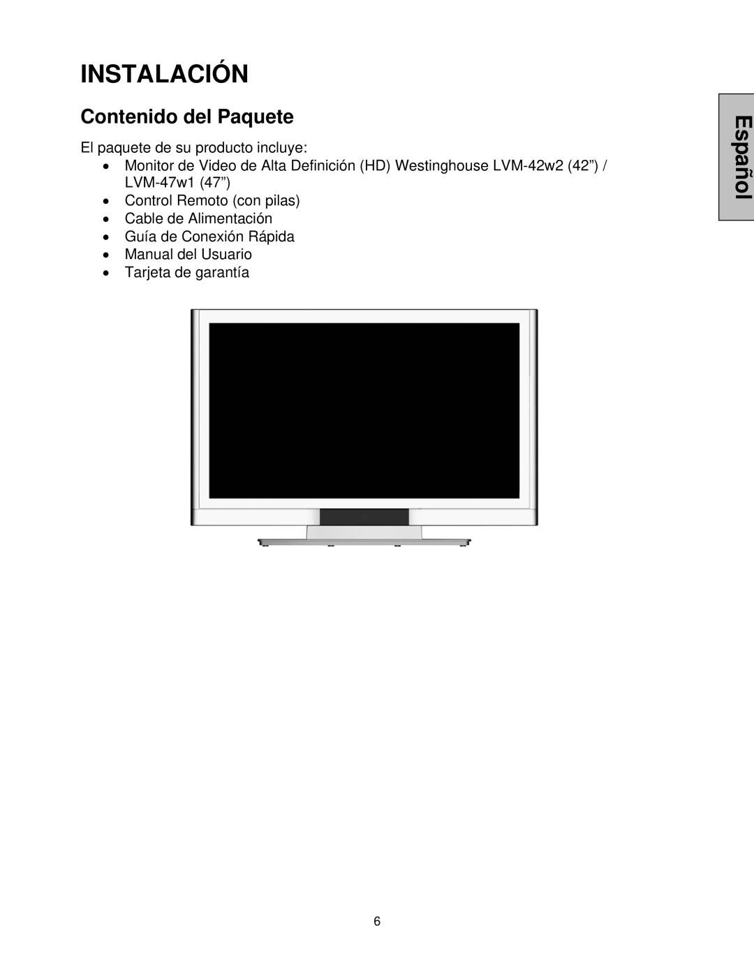 Westinghouse LVM-42w2, LVM-47w1 user manual Instalación, Contenido del Paquete 