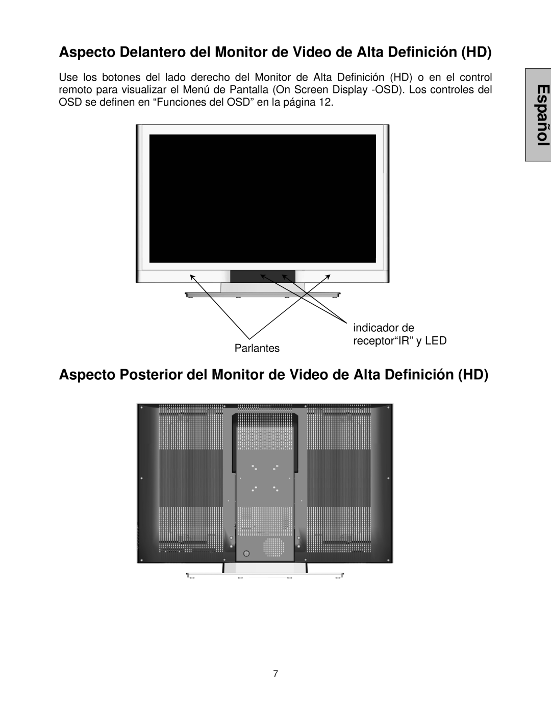 Westinghouse LVM-47w1, LVM-42w2 user manual Aspecto Delantero del Monitor de Video de Alta Definición HD 