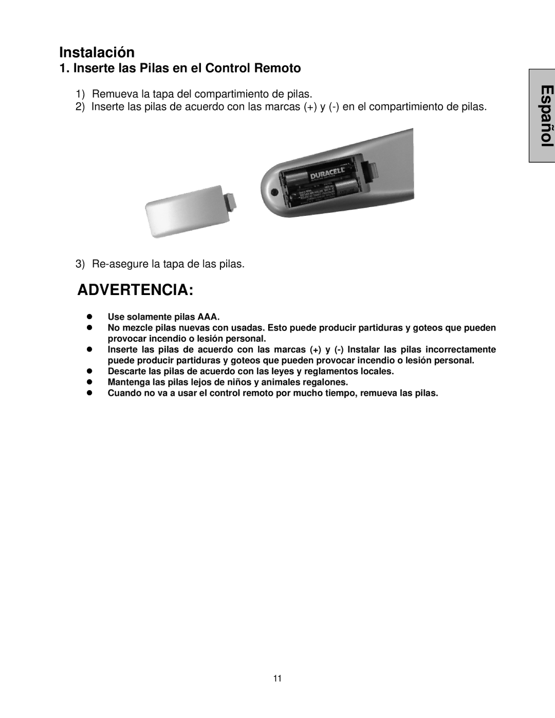 Westinghouse LVM-47w1, LVM-42w2 user manual Instalación, Inserte las Pilas en el Control Remoto 