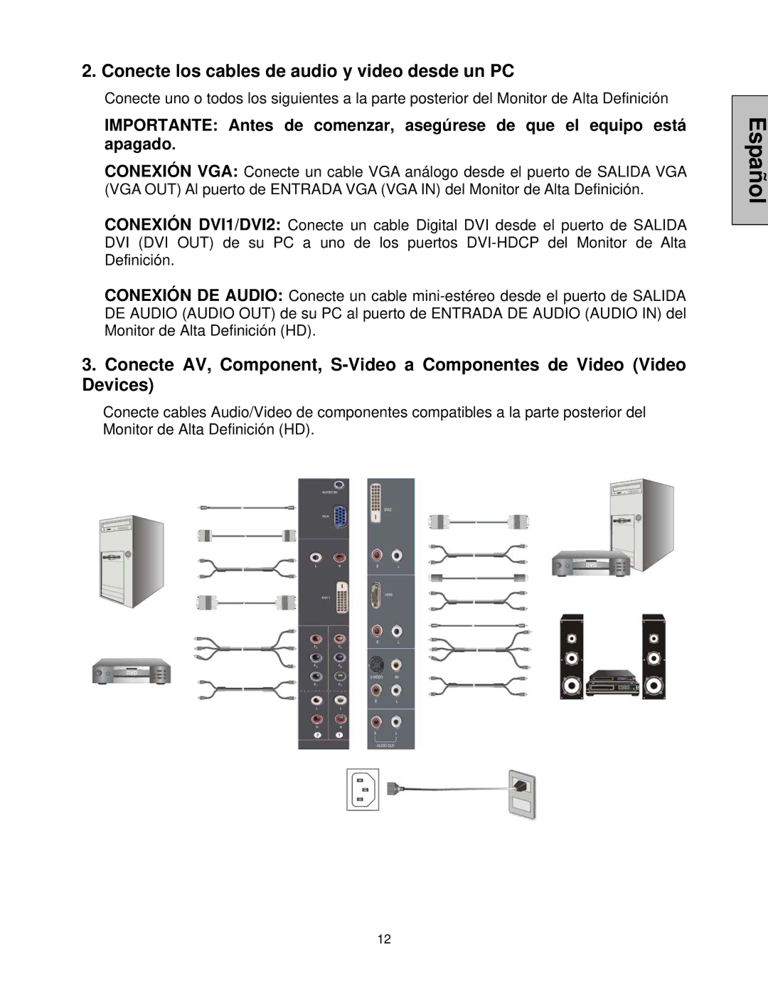 Westinghouse LVM-42w2, LVM-47w1 user manual Conecte los cables de audio y video desde un PC 