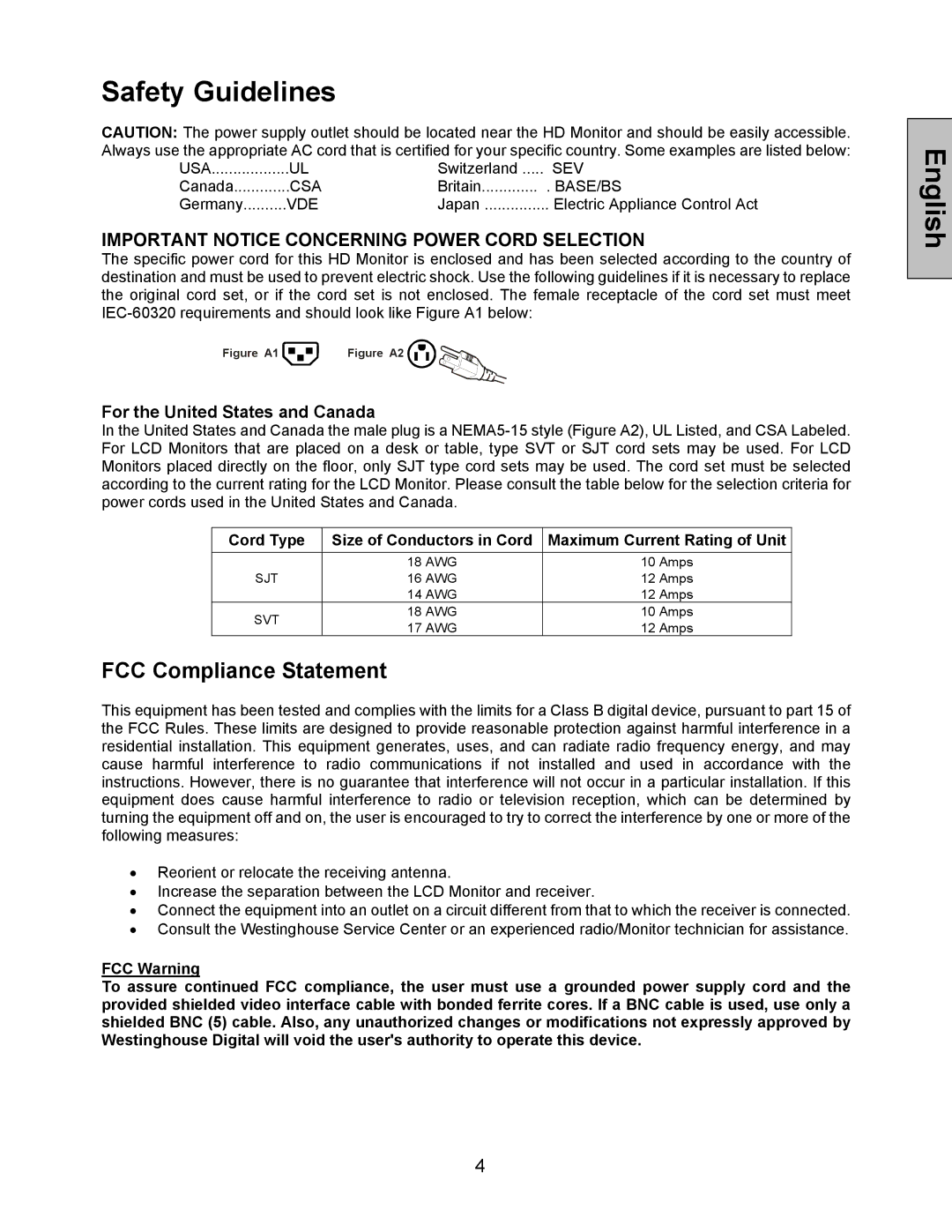 Westinghouse LVM-47w1, LVM-42w2 user manual Safety Guidelines, FCC Compliance Statement 