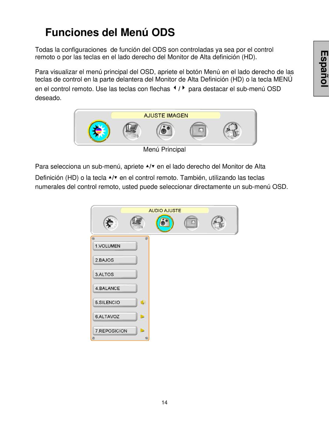 Westinghouse LVM-42w2, LVM-47w1 user manual Funciones del Menú ODS 