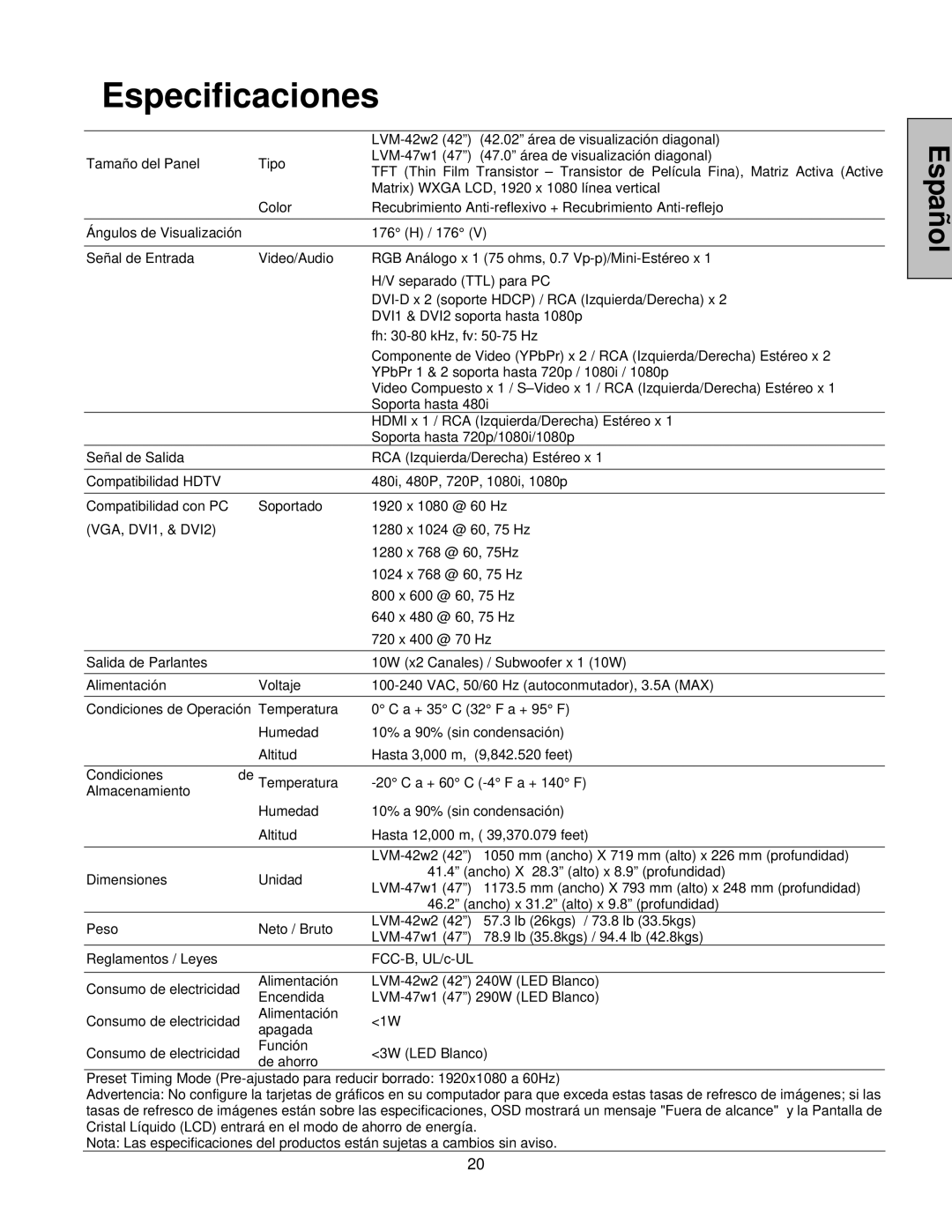 Westinghouse LVM-42w2, LVM-47w1 user manual Matriz Activa Active 