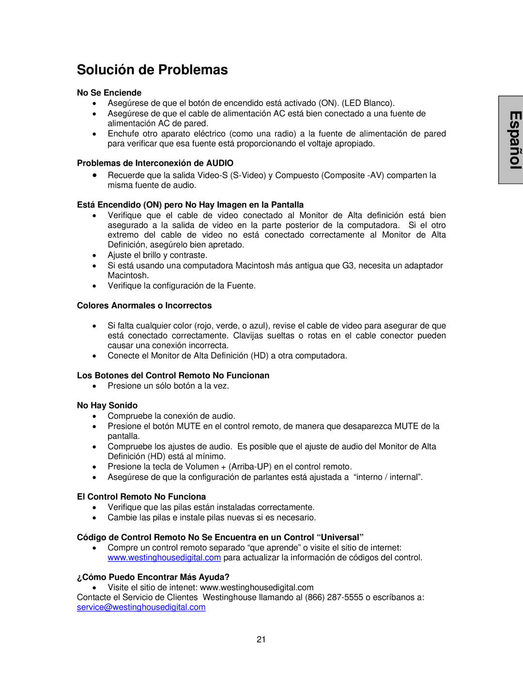 Westinghouse LVM-47w1, LVM-42w2 user manual Solución de Problemas, No Se Enciende 