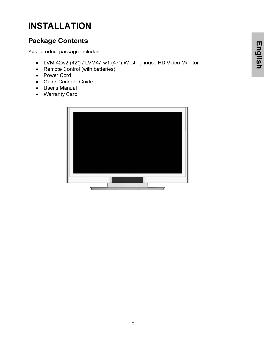 Westinghouse LVM-47w1, LVM-42w2 user manual Installation, Package Contents 