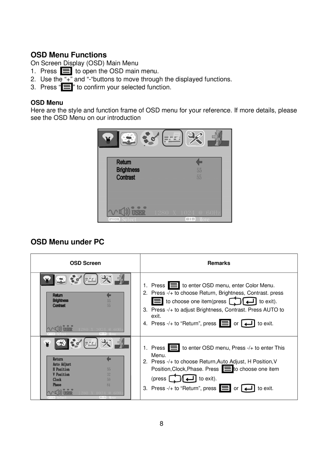 Westinghouse M2401 user manual OSD Menu Functions, OSD Menu under PC 