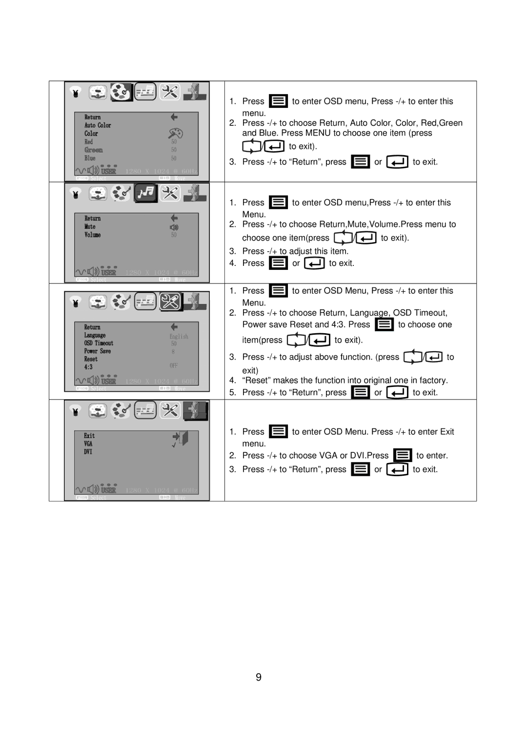 Westinghouse M2401 user manual Press -/+ to choose Return,Mute,Volume.Press menu to 