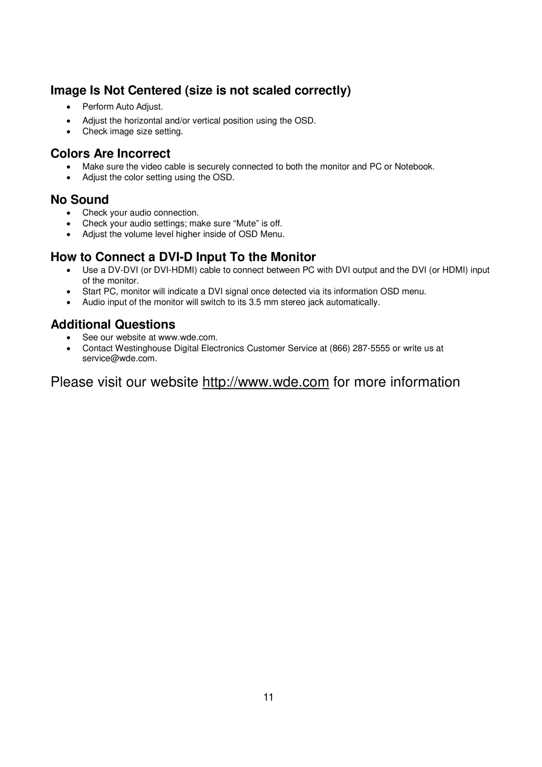 Westinghouse M2401 user manual Image Is Not Centered size is not scaled correctly, Colors Are Incorrect, No Sound 