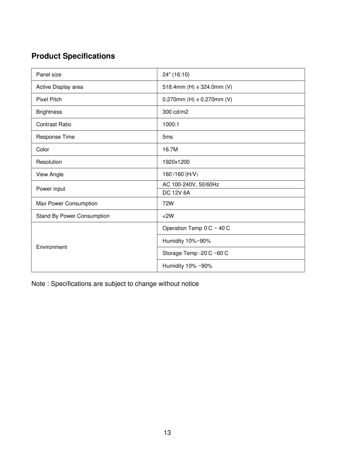 Westinghouse M2401 user manual Product Specifications 