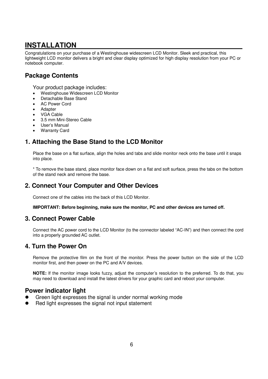 Westinghouse M2401 user manual Installation 