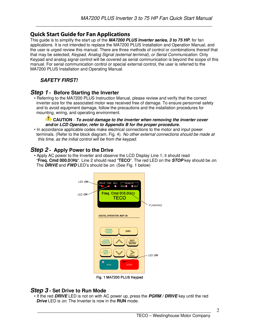 Westinghouse MA7200-2003-N1 Thru MA7200-2040-N1 Quick Start Guide for Fan Applications, Before Starting the Inverter 